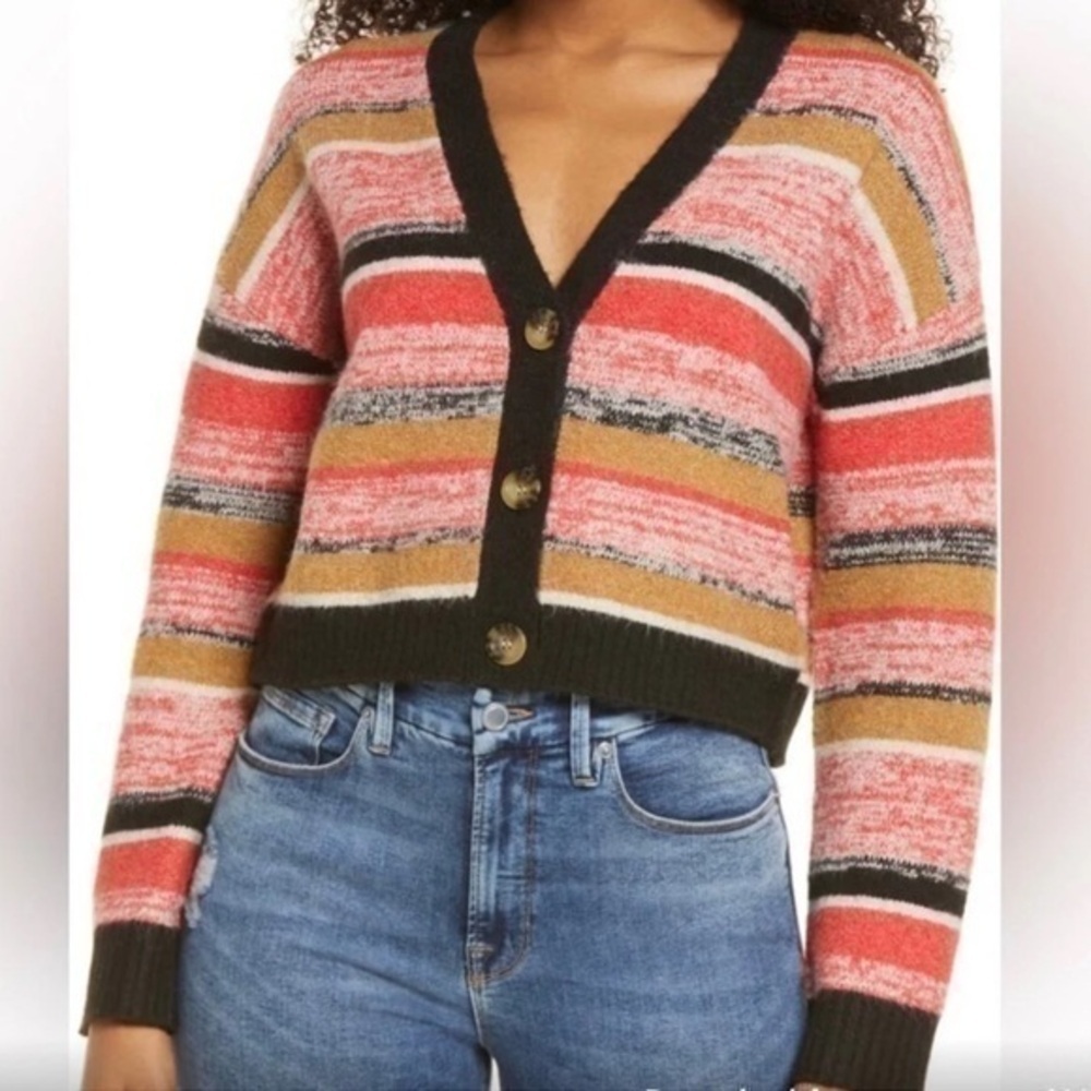 NWT BP. Crop Recycled Blend Knit Cardigan In Black Marl Striped V-Neck Size M